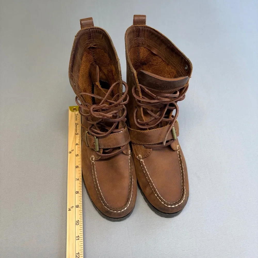 Polo Ralph Lauren Ranger Brown Leather Moc Toe Buckle Lug Sole Boots Mens 7.5 D
